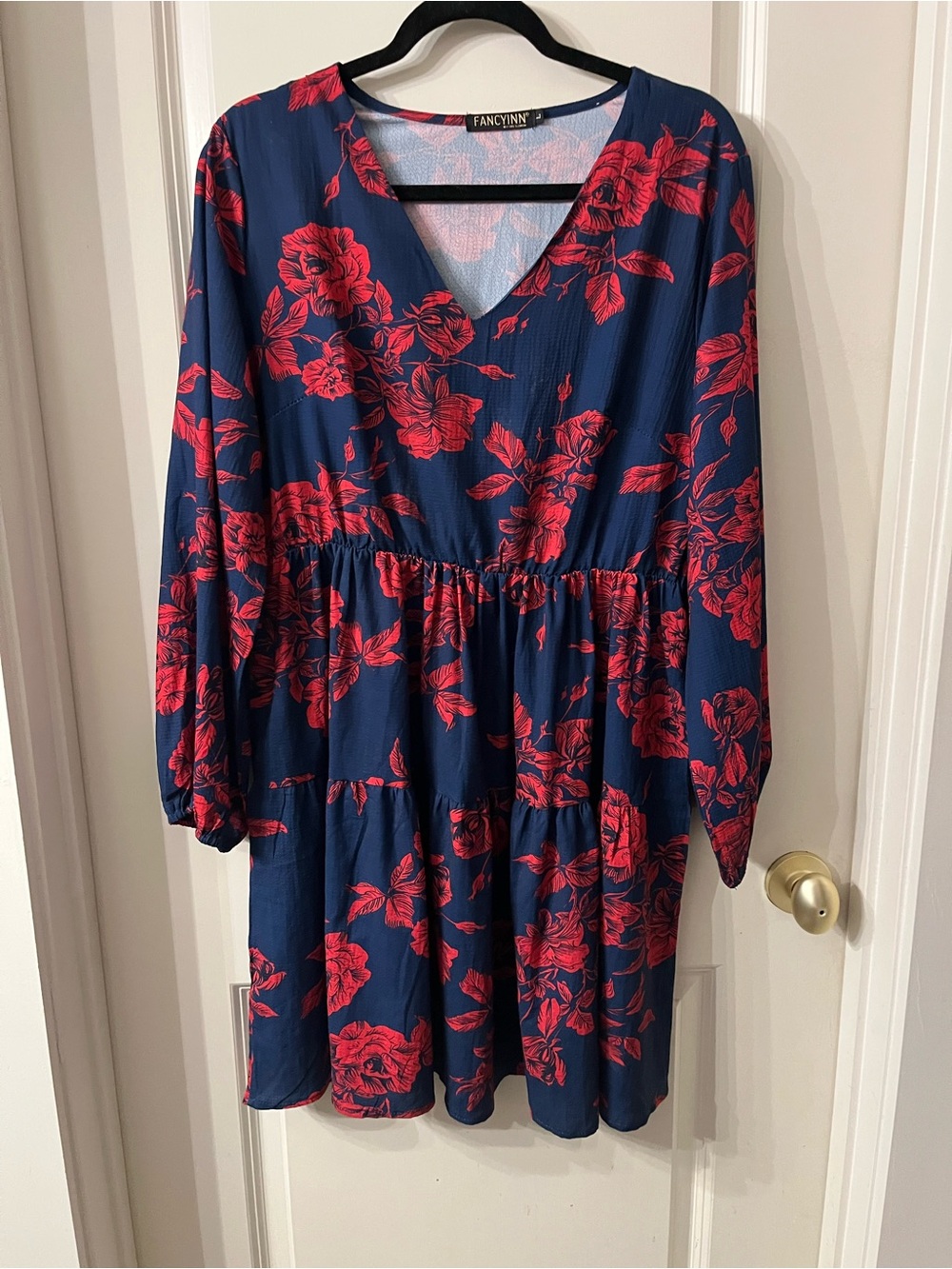 FANCYINN Long Sleeve Floral Tiered Mini Dress Blue & Red